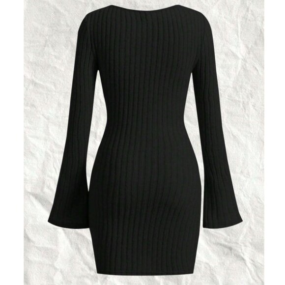 Knit Long Sleeve Bodycon Dress - Black, Flare Sleeve, Rib-Knit, Slim Fit 14 - Picture 2 of 4